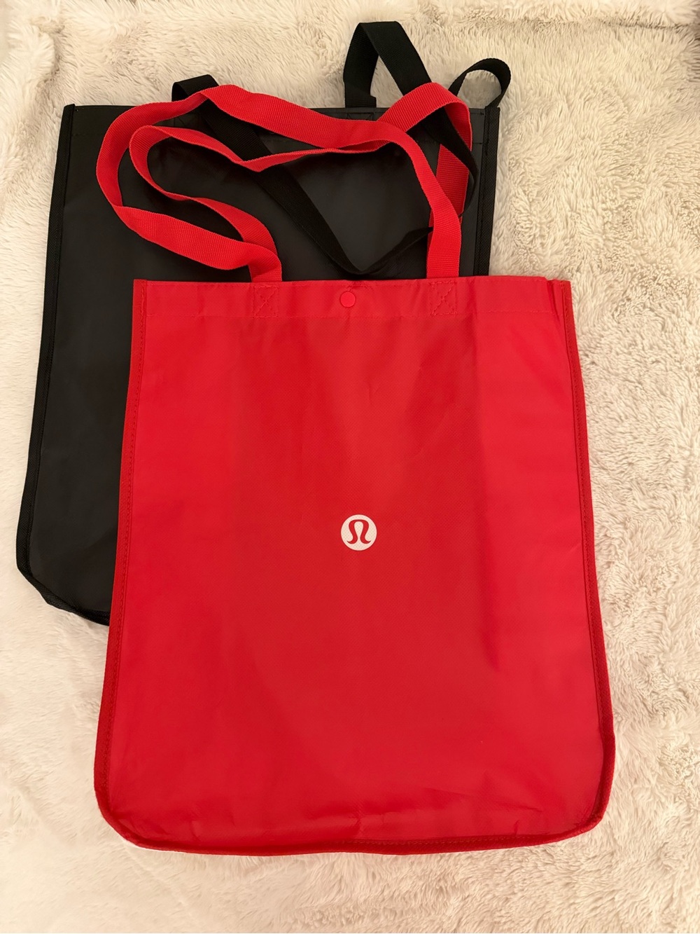 Lululemon Large Reusable Shopping Tote Nylon Handle, Snap Closure, Red/Wht Logo